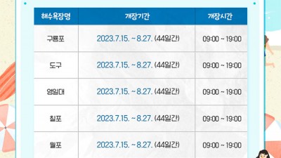 2023 포항시 해수욕장 개장일 (구룡포, 도구, 영일대, 칠포, 월포, 화진) [2023.07.15(토)~08.27(일)]